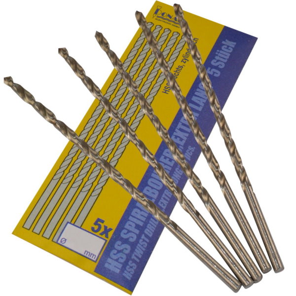 5 Stück HSS Bohrer -Spiralbohrer 100 mm extra lang, 0,5mm bis 3,0mm, DIN 338