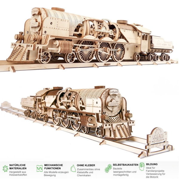 UGEARS 70058 Dampf-Lokomotive V-Express 3D Holz Bausatz Puzzle Modellbausatz