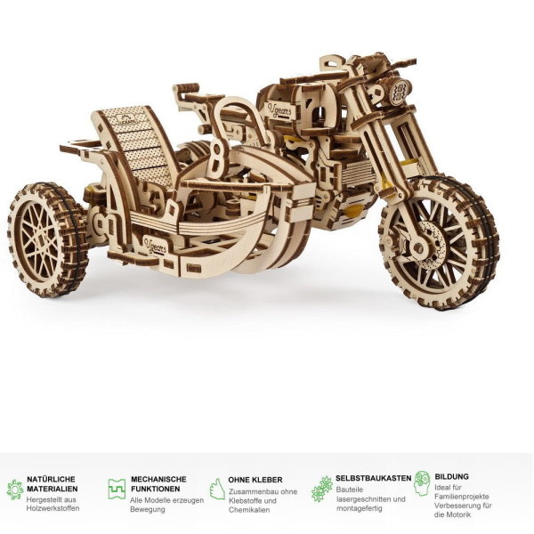 UGEARS Scrambler UGR-10 Motorrad mit Beiwagen Modellbausatz 3D Holz-Puzzle