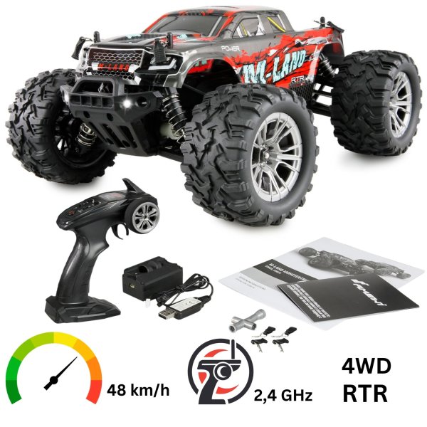 Ferngesteuertes Auto Monster Truck 1:16 RTR 4WD 48km/h High Speed M-Land Rot LED